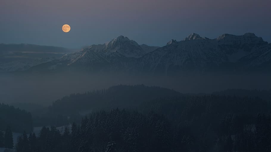 night, moon, allgäu, mountains, alpine, landscape, full moon, dark, moonlight, fantasy