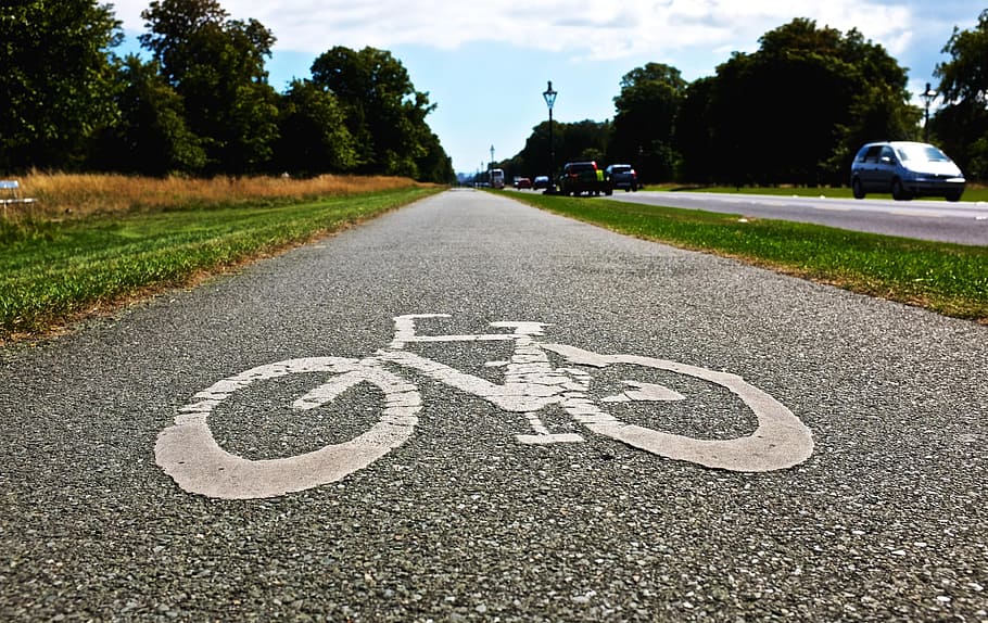 sepeda, jalan, trotoar, mobil, sinar matahari, transportasi, tanda, komunikasi, jalan ke depan, simbol