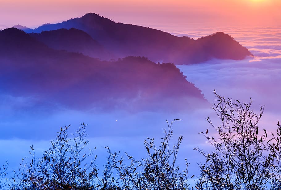 Xiding, 山, 入り江, 霧, 空, 自然の美しさ, 風景-自然, 雲-空, 夕焼け, 静けさ