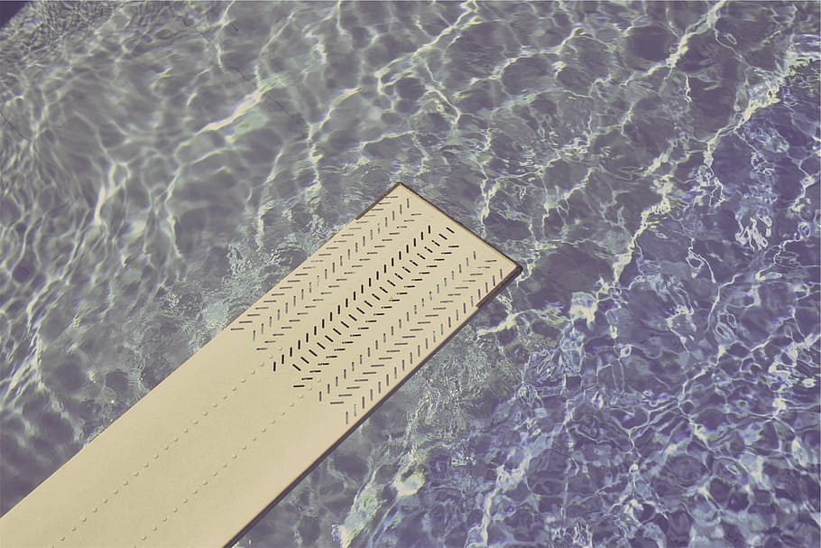 purple, white, textile, aerial, photography, blue, water, diving board, pool, close-up