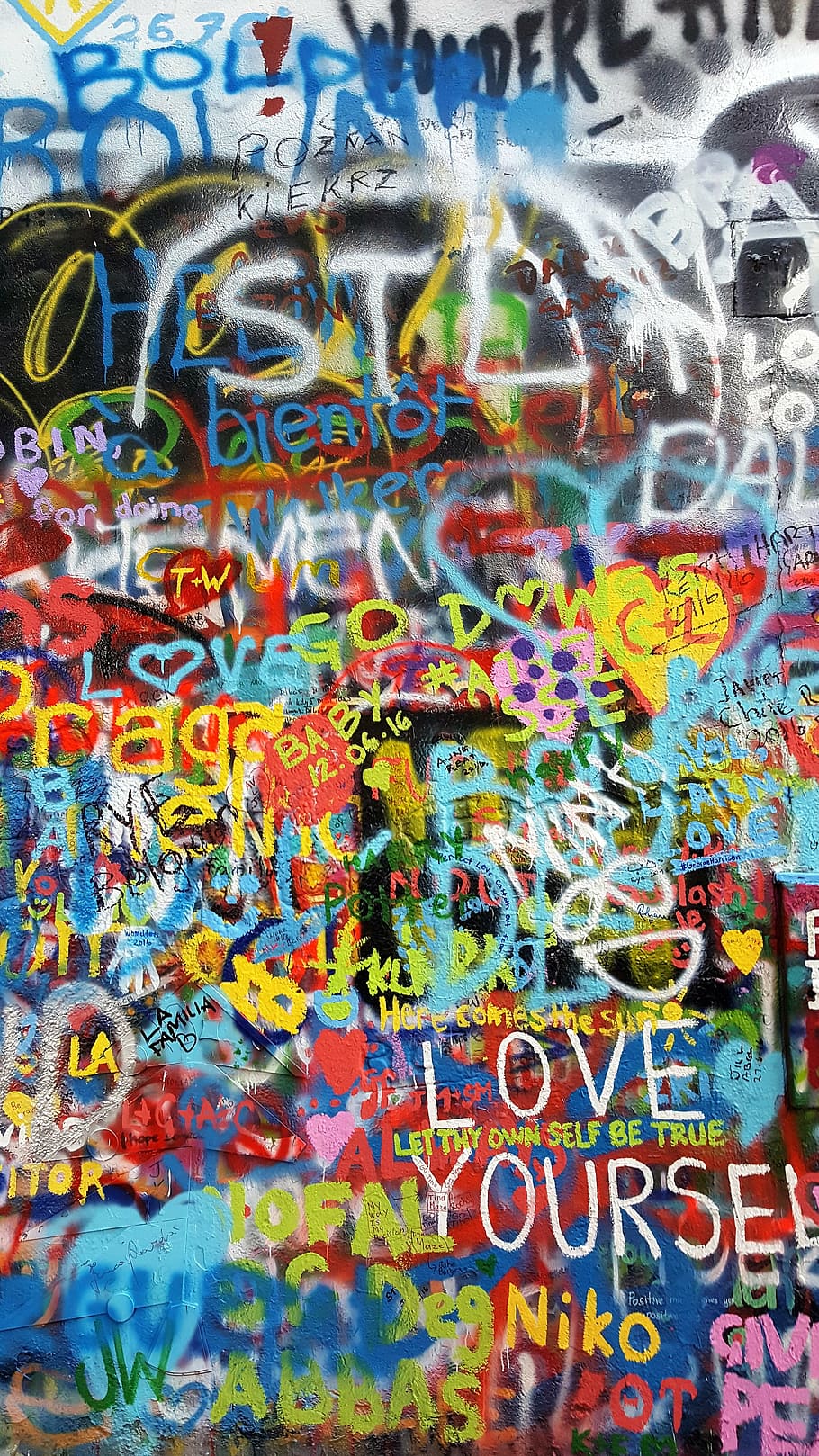 john lennon wall, prague, colorful, graffiti, paint, color, art, wall, lennonismus, artwork