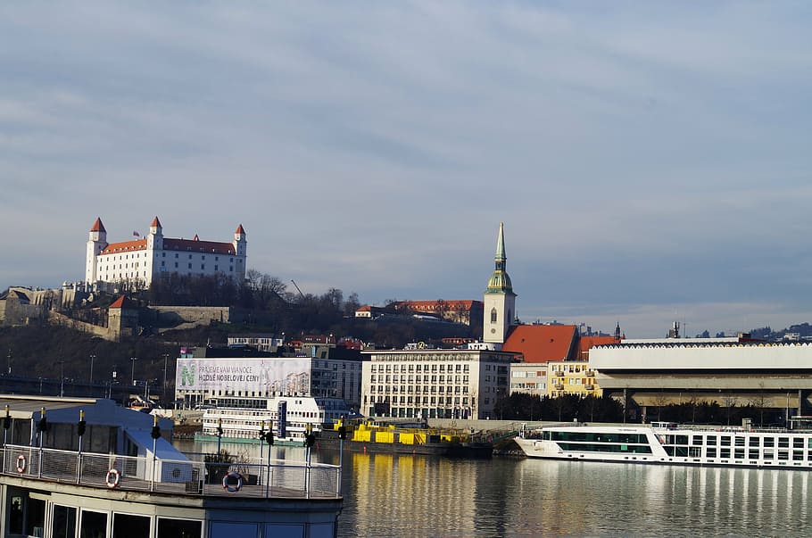 bratislava, danube, slovakia, castle, river, ship, building exterior, built structure, architecture, city