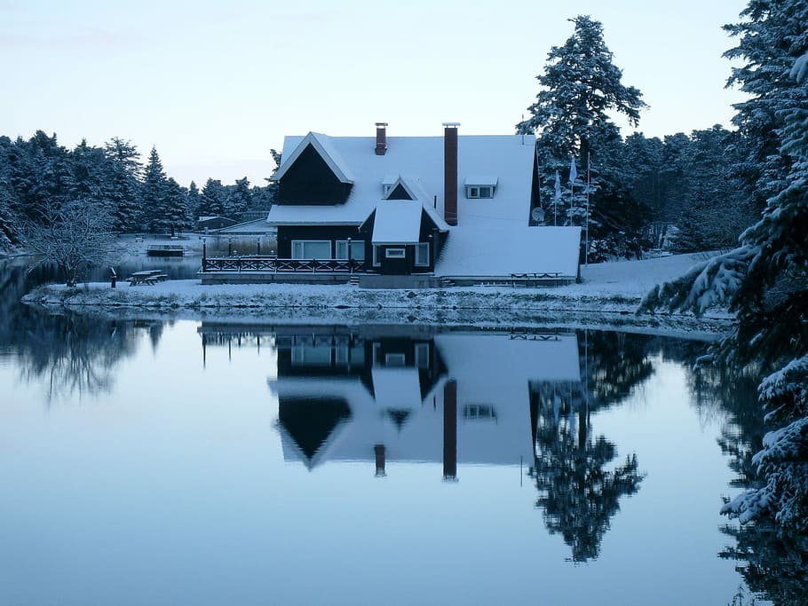 Cabin, Snow, Winter, Lake, Forest, Forest, House, lake, forest, house, snowy, cottage