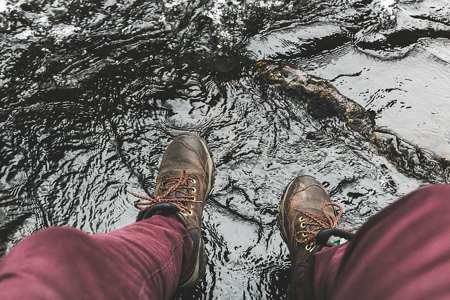 person, wearing, pair, brown, leather shoes, body, water, outdoor, shoe, footwear