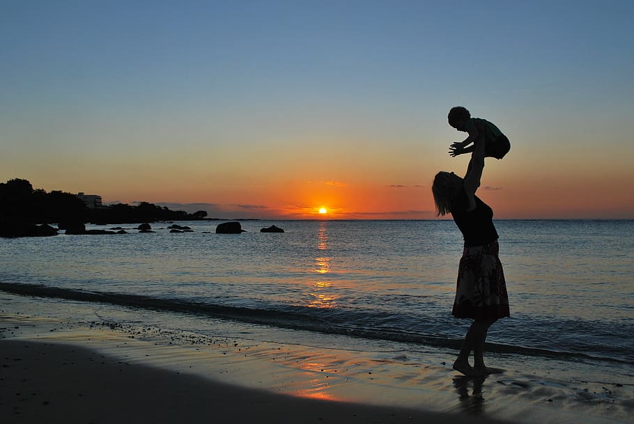 woman, carrying, baby, seashore, mother, son, beach, sunset, playing, happy