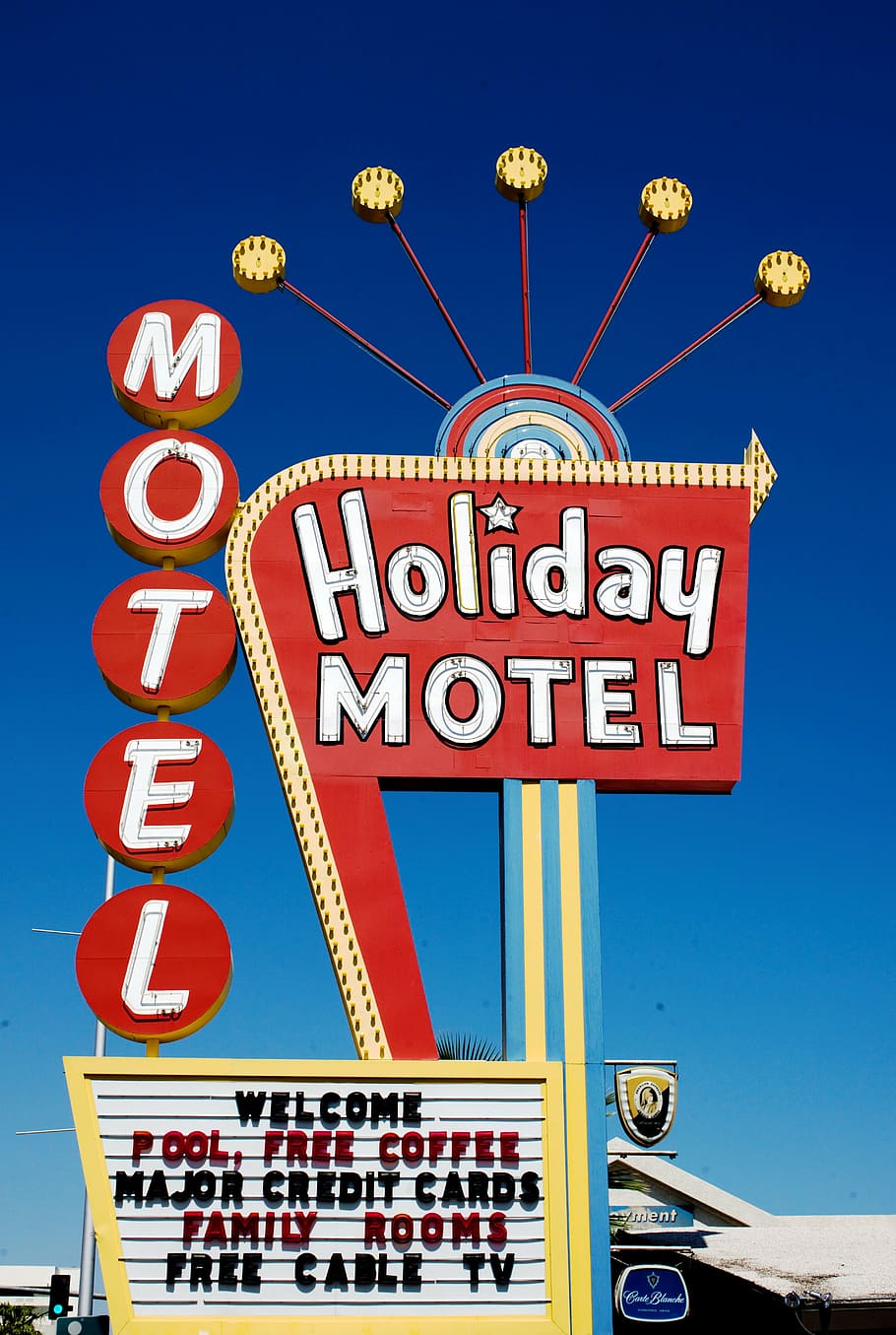 holiday motel neon sign, calm, sky, holiday motel, las vegas, carol m highsmith, nevada, hotel, motel, shield