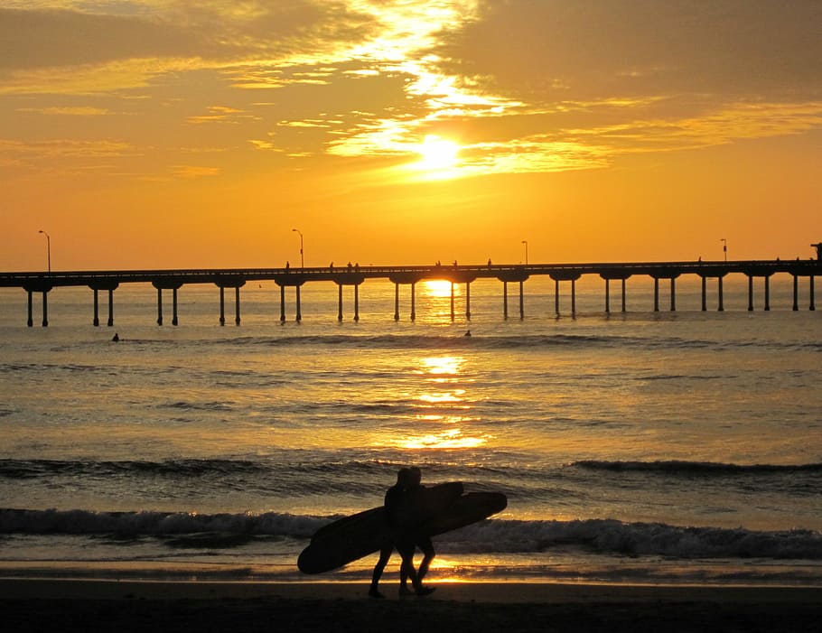 Sunset, Surfer, Silhouette, Beach, beach sunset, surfboard, walking, reflection, pier, shoreline