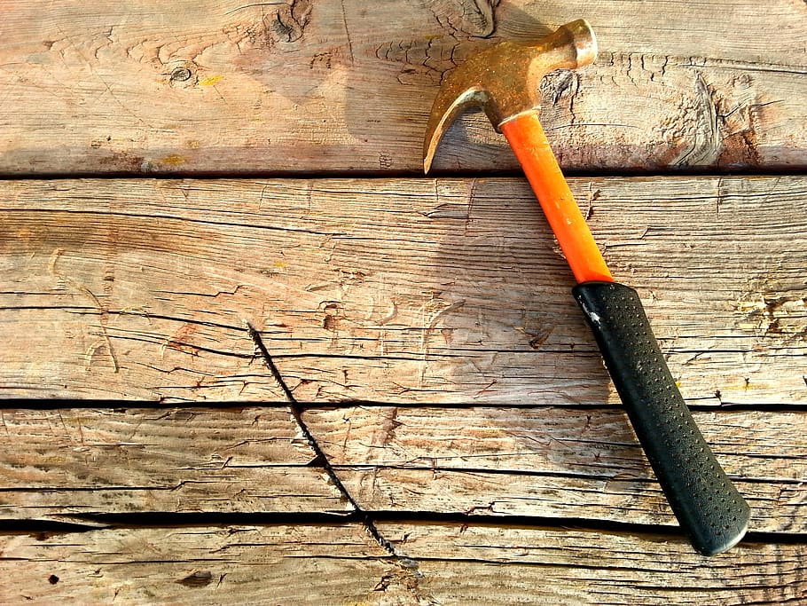 hammer, summer, construction site, tree, wood - material, still life, tool, work tool, hand tool, orange color