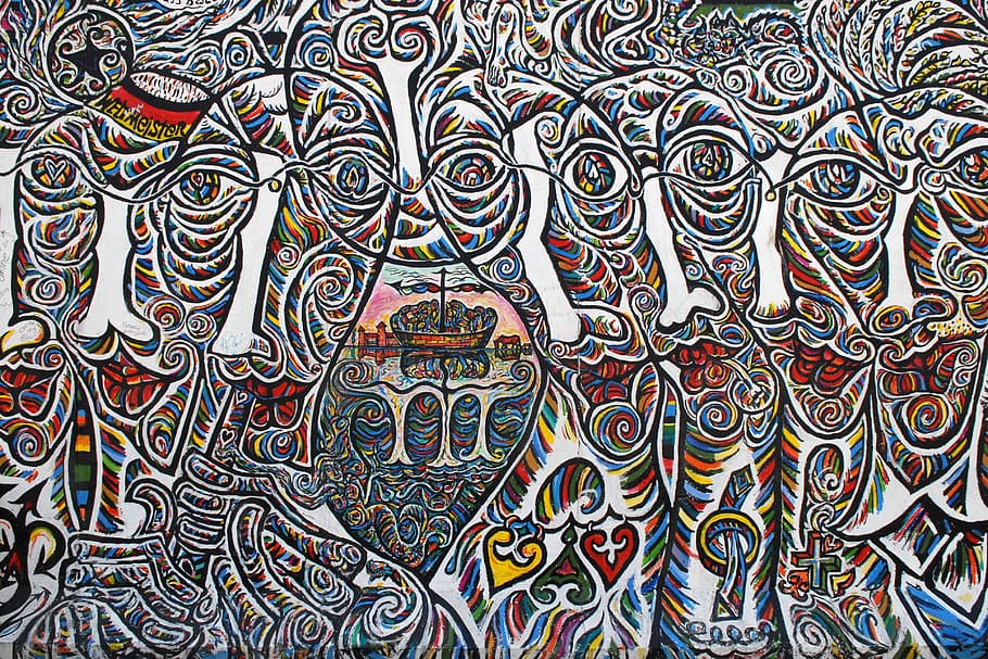 色とりどりの抽象絵画, 落書き, ベルリン, 東側ギャラリー, ベルリンの壁, 噴霧器, パターン, フルフレーム, 背景, マルチカラー