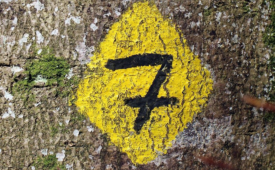 number 7 post, trail, signpost, number, seven, mark, digit, yellow, sign, communication