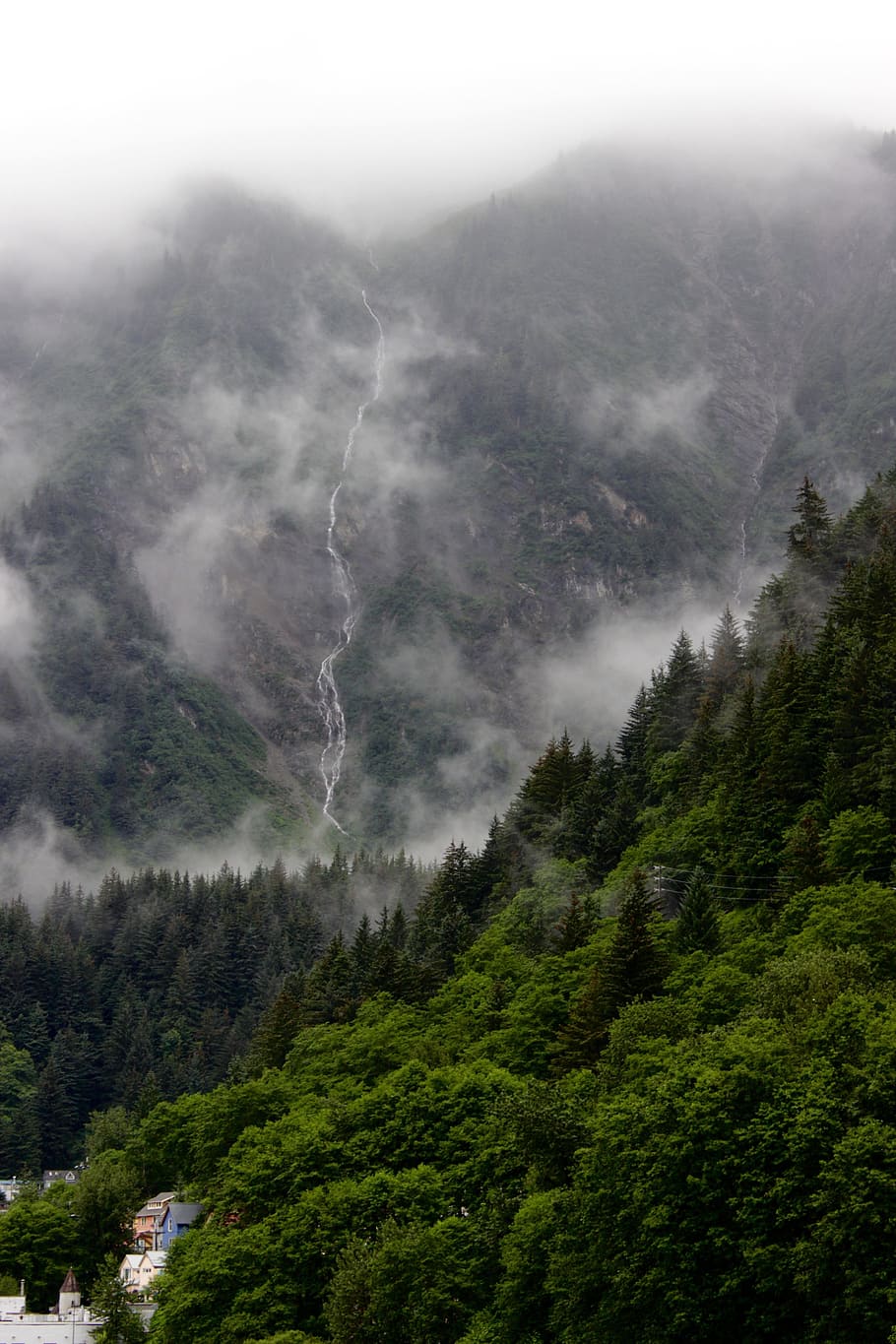niebla, cubierta, cordilleras, cascada, bosque, montaña, agua, belleza, escena, temperamental
