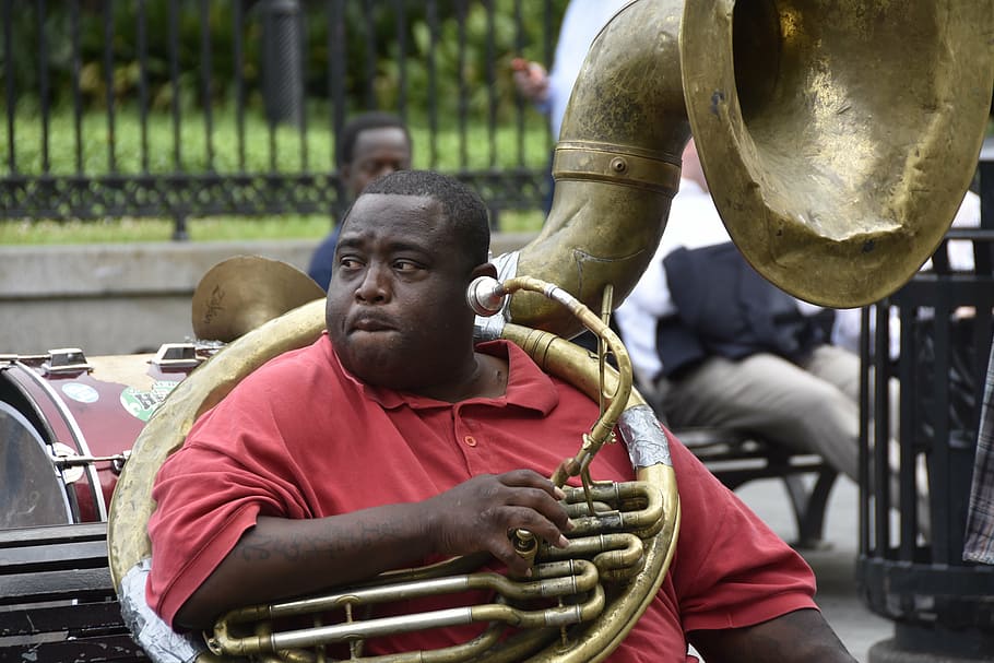 jazz, player, new orleans, music, road, tuba, men, people, cultures, musical instrument