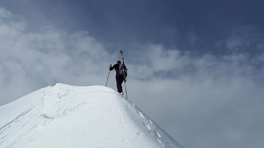 homem, escalando, topo, montanha da neve, esqui de fundo, cume, montanhismo, alpinista, cume da neve, alpino
