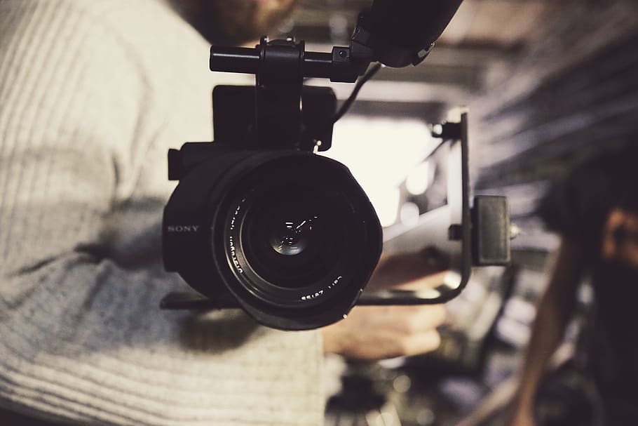 sony, video, kamera, lensa, produksi, perusahaan, kantor, blur, orang, gadis