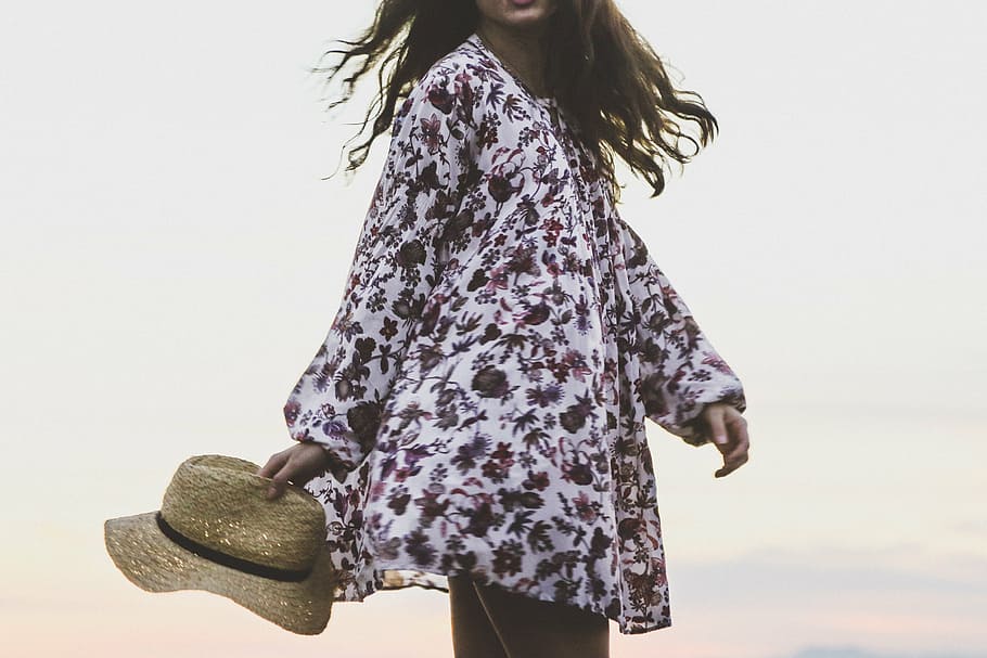 woman, holding, sun hat, people, fashion, flowers, hat, motion, one person, standing