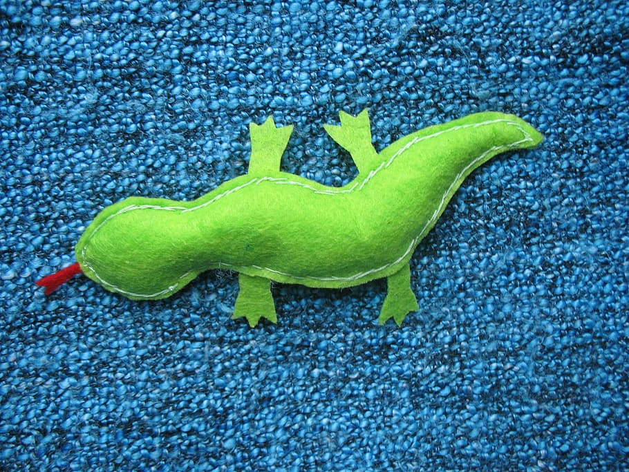the lizard, handmade, felt, green, sewing, green color, blue, single object, animal representation, representation
