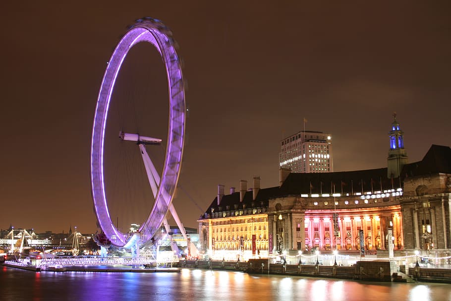 lighted, buildings, ferris, wheel, nighttime, London Eye, Night, Ferris Wheel, london, england
