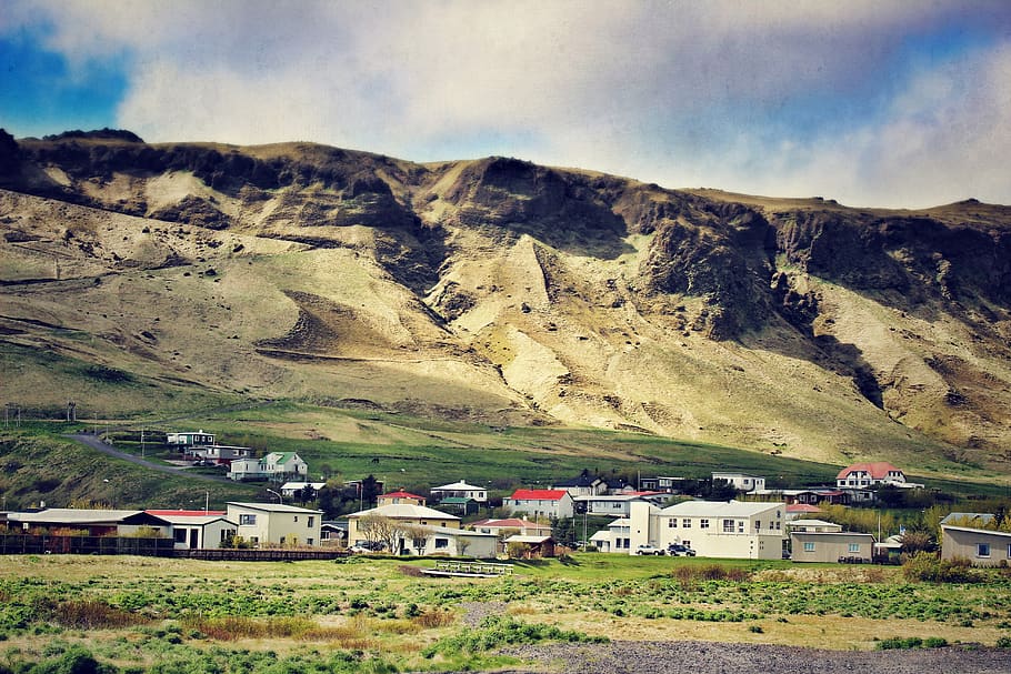 islândia, islândia meridional, paisagem, cidade, montanha, sul, vik, colina, islandesa, cênica