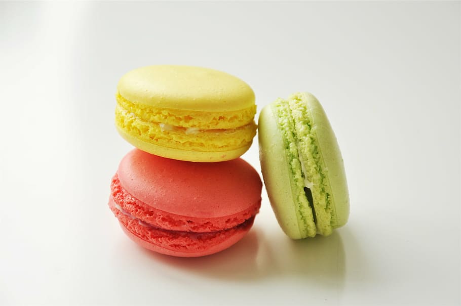 three, macaroons, white, surface, assorted, green, red, dessert, sweets, treats