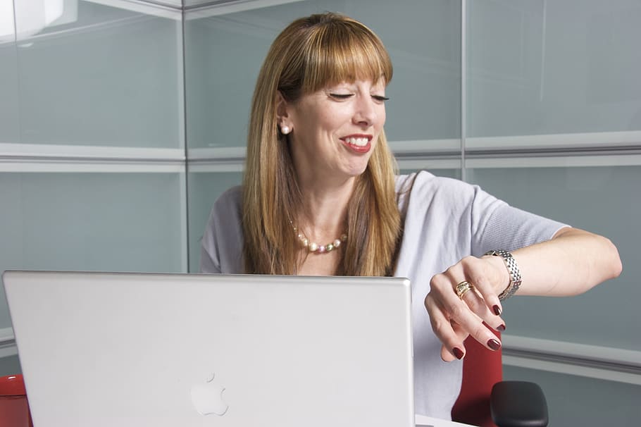 woman, sitting, chair, using, silver macbook, marketing, women, undertake, business, office