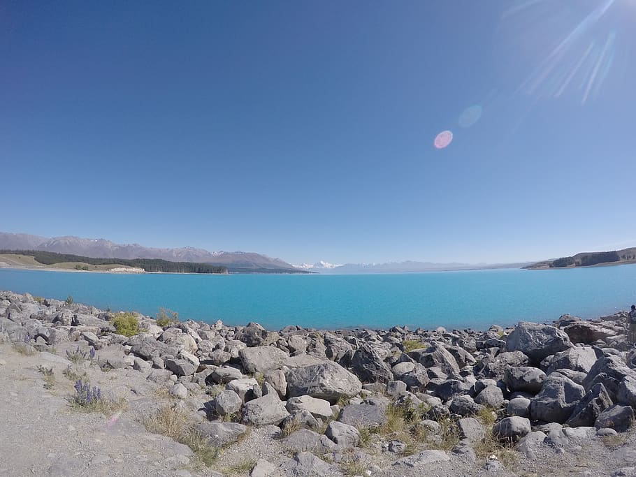 new zealand, go-pro, lake, pond, mountains, wide, nature, rocks, blue, lens