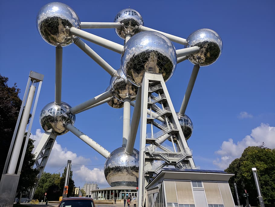 belgium, brussels, atomium, 1958, expo, sky, architecture, low angle view, built structure, metal