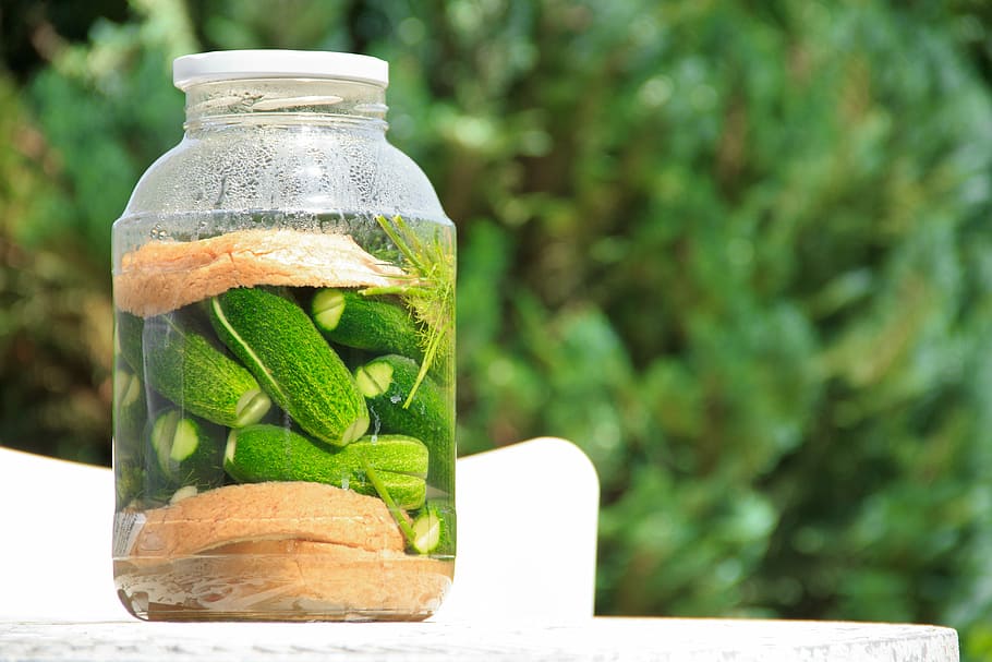 green, vegetables, inside, clear, glass jar, pickled cucumber, cucumber, food, vegetable, vegetarian
