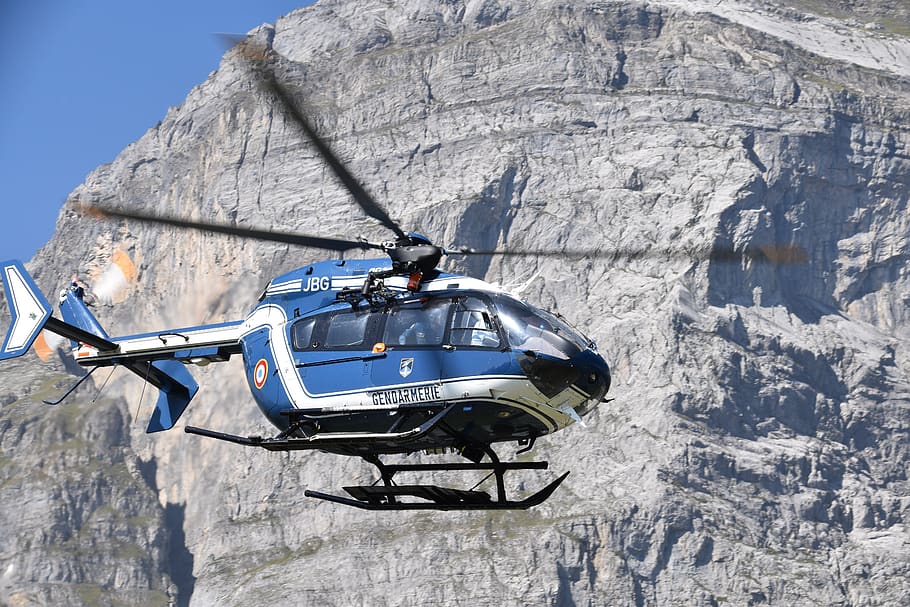 helicopter, fly, flight, national gendarmerie, mission rescue, élices, palles, blue sky, france, passy-full-joux