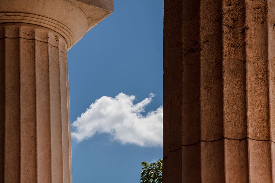 white, cloud, behind, pillar, temple, doric columns, classical order, cemetery, rock carving, art