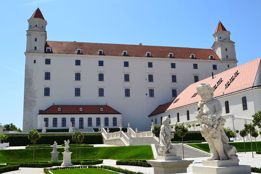 slovakia, bratislava, castle, sky, blue, white, statue, park, building exterior, architecture
