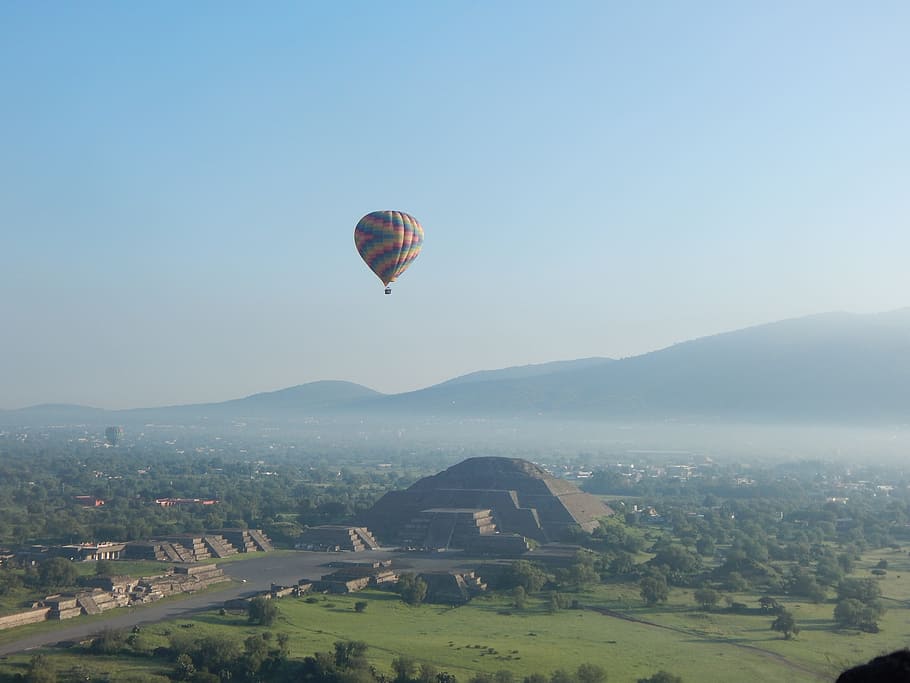 multicolored, hot, air balloon, teotihuacan, mexico, archaeological zone, sky, architecture, hot air balloon, flying