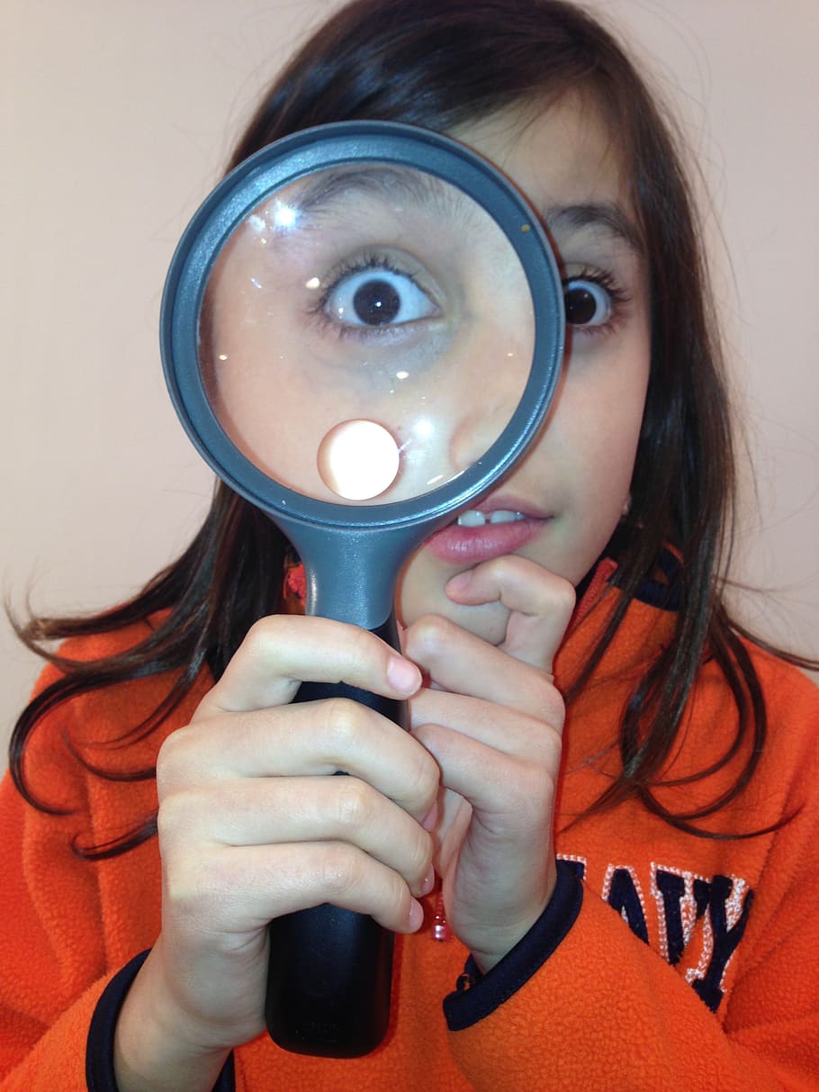 girl, loupe, eye, discovery, science, magnifying glass, research, scientific, student, lab