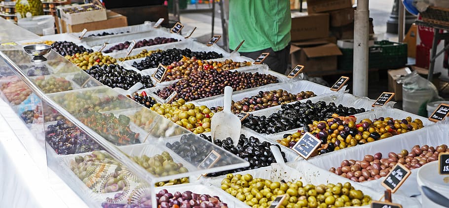 olives, nice, flower market, selection, offer, food, frisch, colorful, olive stand, south of france