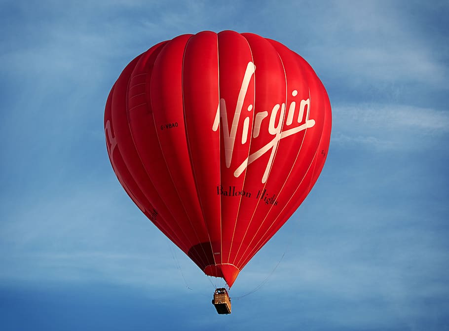 red hot-air ballon, balloon, hot, air, virgin, hot air balloon, lift, high, sky, upwards