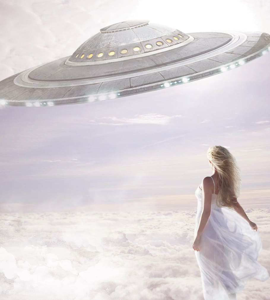woman, wearing, dress, looking, round spaceship painting, clouds, sky, sun, ufo, flying object