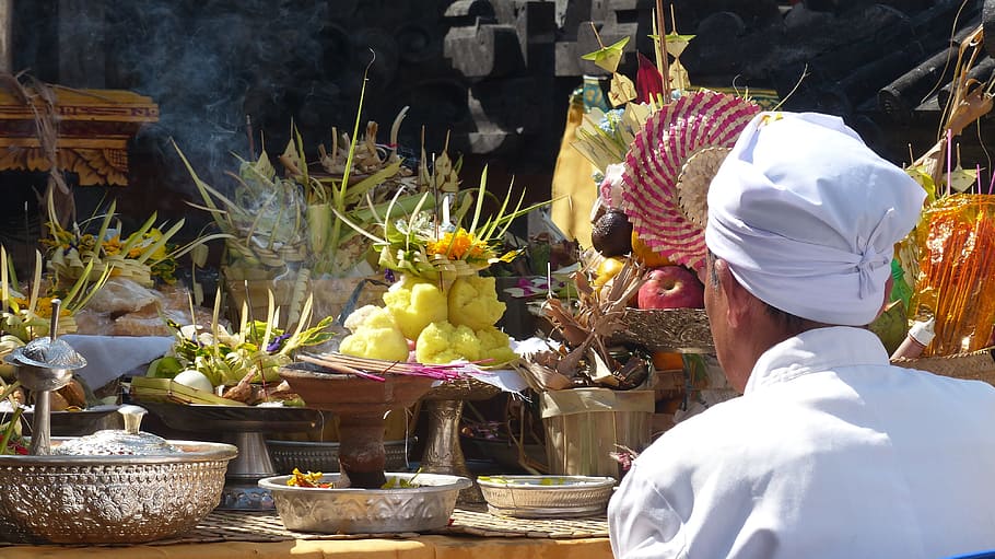 indonesia, bali, temple, prayer, offering, fruit, altar, real people, religion, belief