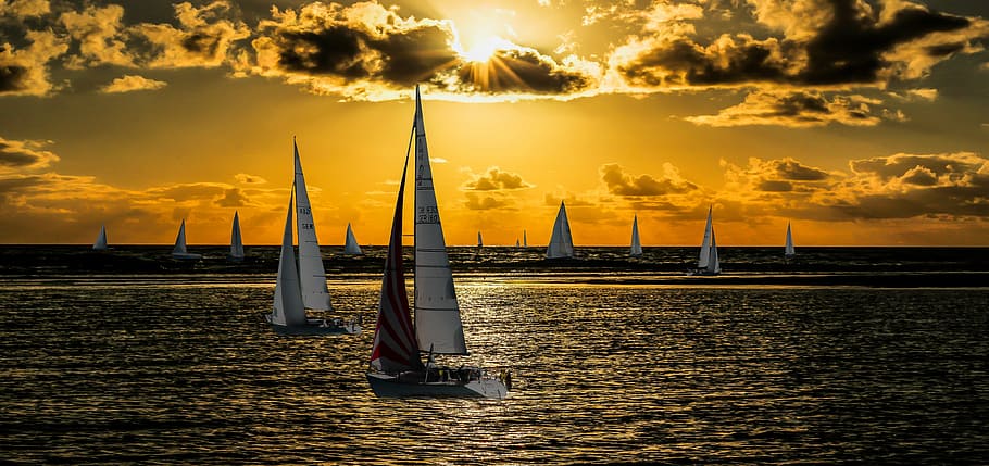 perahu layar berlayar, laut, matahari terbenam, alam, lanskap, danau, berlayar, olahraga, rekreasi, matahari