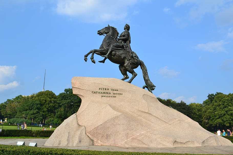 man, riding, horse statue, blue, cloudy, sky, st petersburg, russia, petersburg, monument