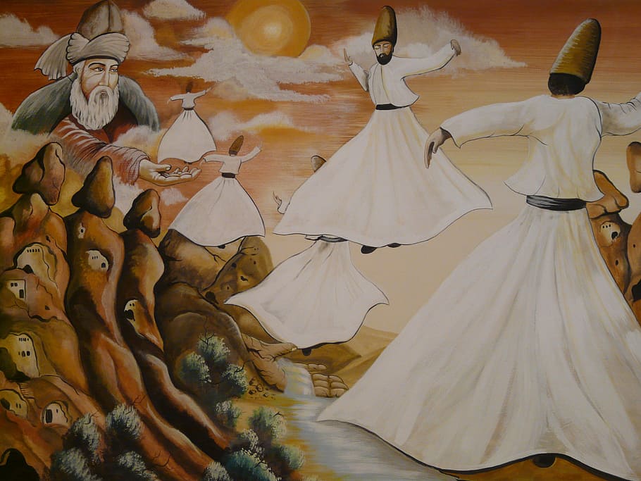dancing dervish painting, dance, dervishes, rotate towels, whirling dervish, cappadocia, turkey, painting, representation, indoors