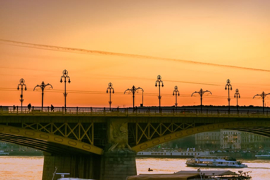 budapest, hungría, puente margaret, puesta de sol, naranja, ciudad, conexión, puente, puente - estructura hecha por el hombre, transporte