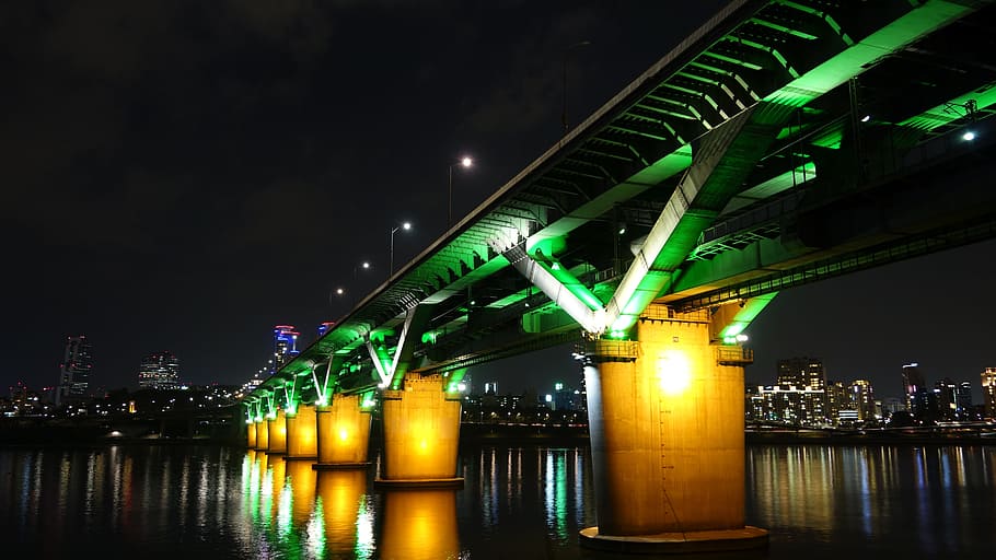 diterangi, beton, malam, Pemandangan, Jembatan, Seoul, Sungai Han, penerangan, sungai, jembatan - Struktur Buatan Manusia