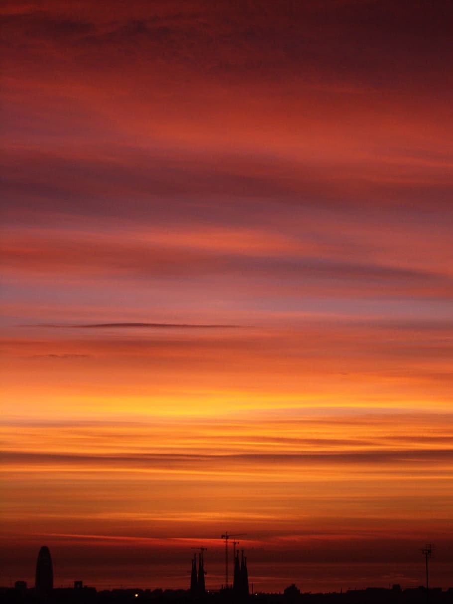 Barcelona, Sunset, Clouds, Gaudi, dusk, nature, orange Color, sky, cloud - Sky, sunrise - Dawn