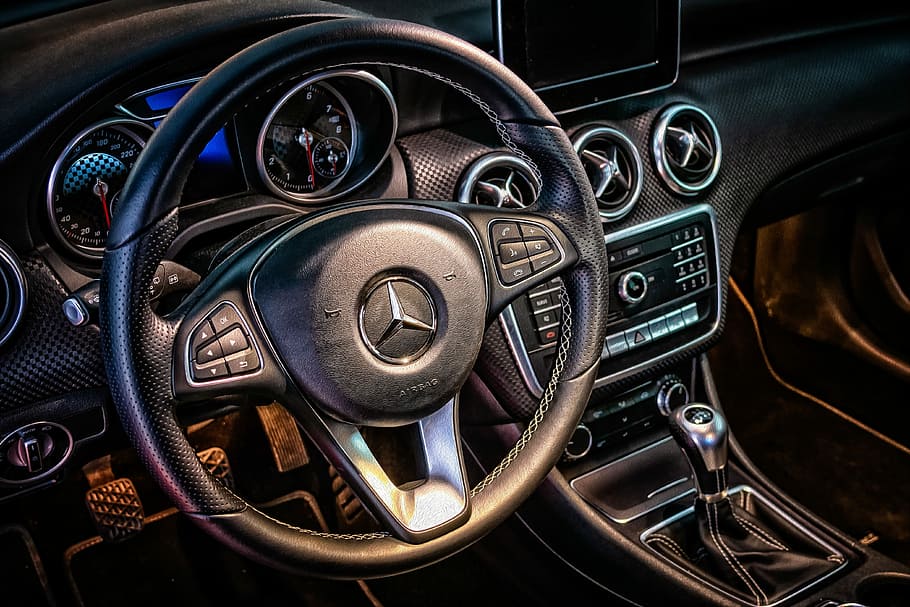 closeup, black, mercedes-benz steering wheel airbag, mercedes, cockpit, interior, dashboard, steering wheel, pkw, auto
