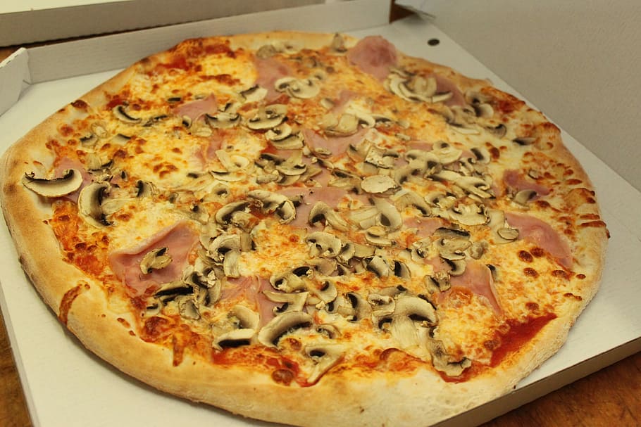 Pizza, caja, champiñones, comida y bebida, comida italiana, comida, queso, al horno, alimentación poco saludable, frescura