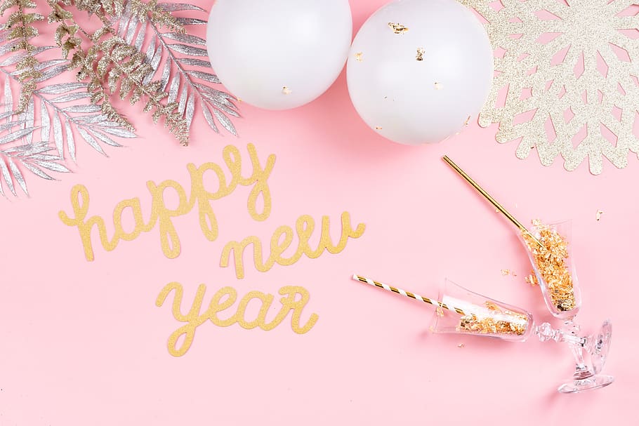 Tahun Baru, Latar Belakang, pesta, merah muda, sampanye, emas, dekorasi, flatlay, lay datar, salinan