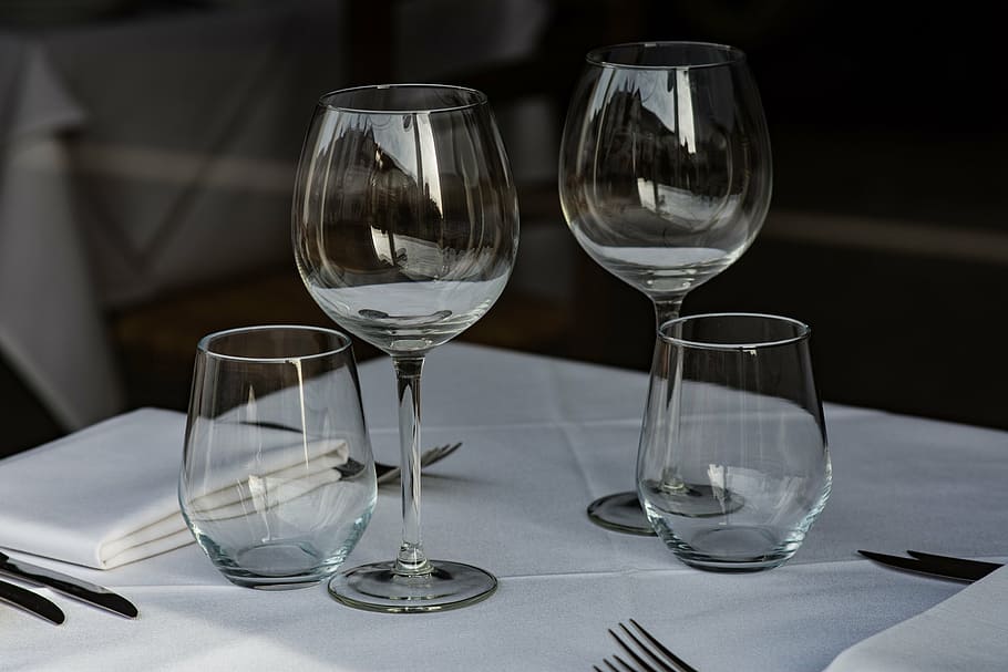clear, wine glasses, table, glass, white, formal, utensils, fine dining, dinner, wineglass