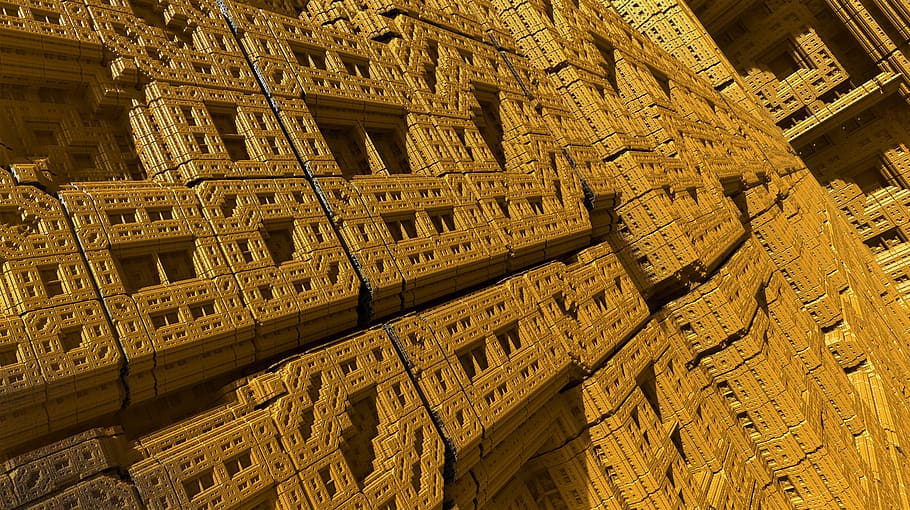 brown concreted building, fractals, geometry, graphic, background, abstract, yellow, ocher, mathematics, fractal structures