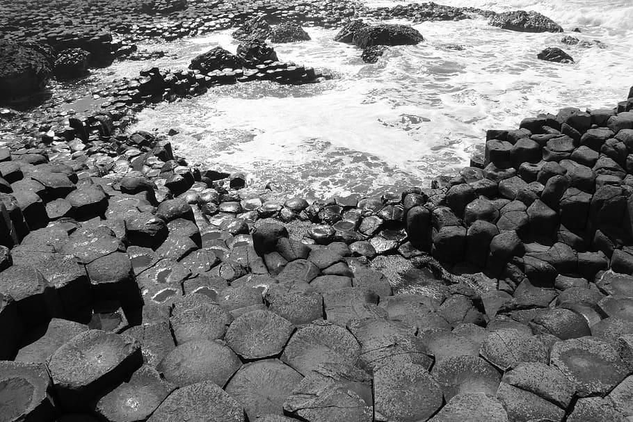 ireland, giant's causeway, sea, solid, rock, water, rock - object, beach, stone - object, nature