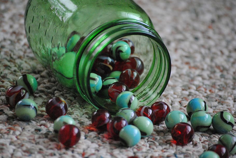 marbles, jar, marble, glass, white, bright, green, color, red, yellow