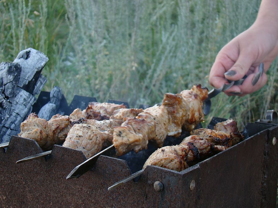 shish kebab, mangal, skewers, on the nature, summer, meat, roast, coals, food and drink, food